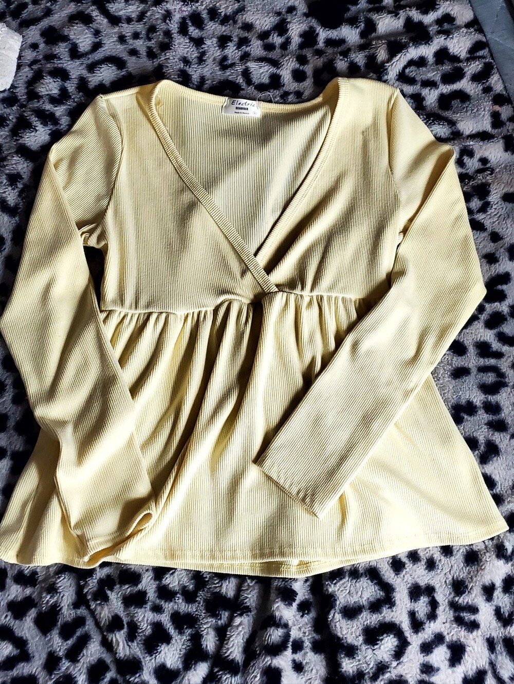 Yellow Ribbed Wrap-Front Long Sleeve Babydoll Y2k Top